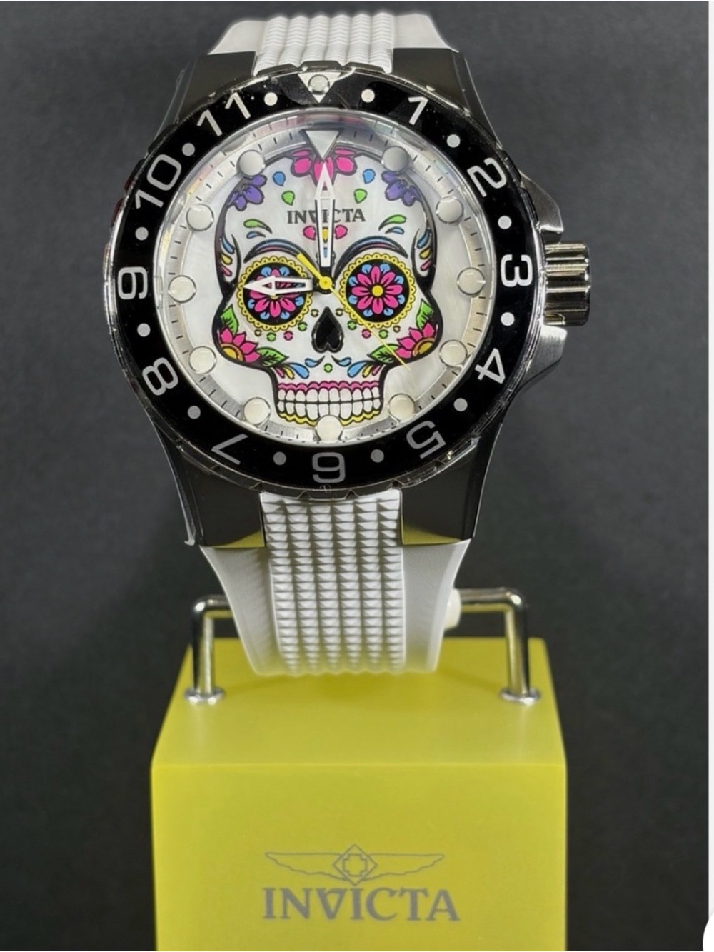 Invicta White Strap Sugar Skull Dial Watch with Multicolor Accents